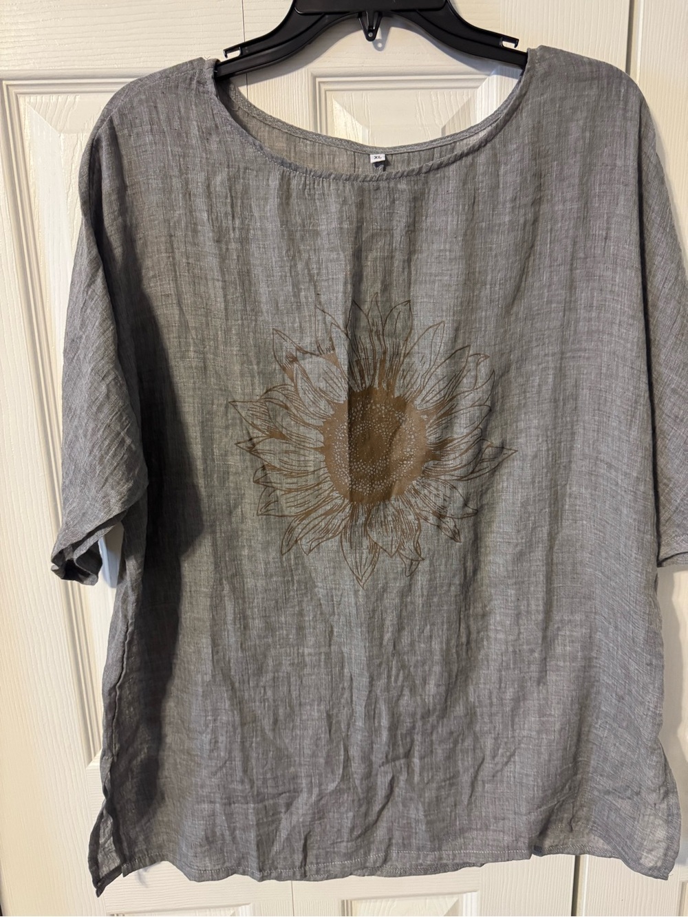 Gray Linen Sunflower Embroidered Blouse